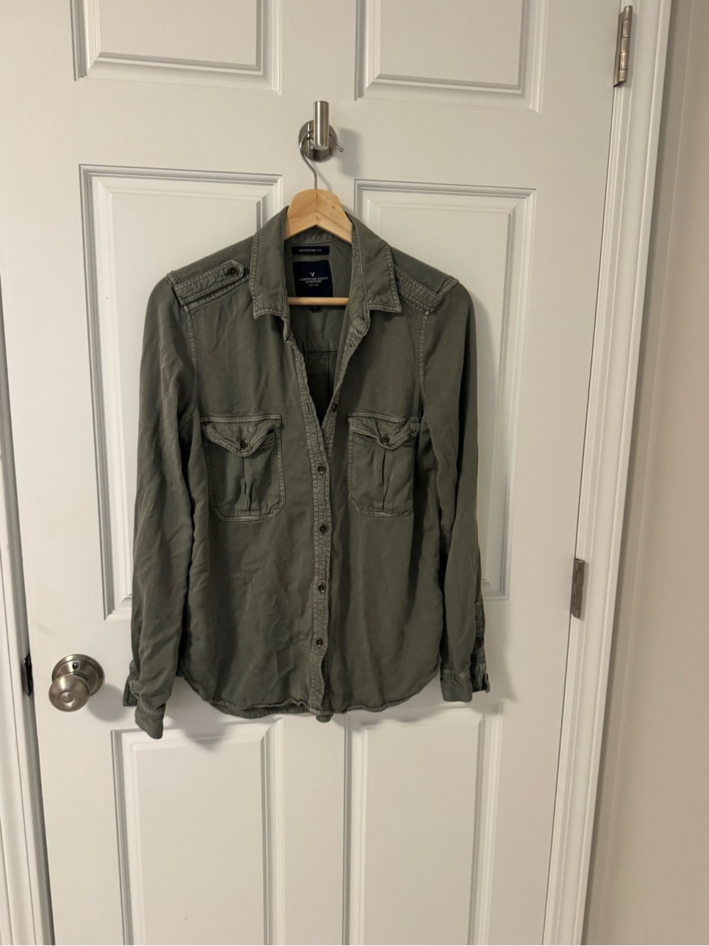 American Eagle Outfitters Olive Green Women's Boyfriend Fit Button-Down Shirt